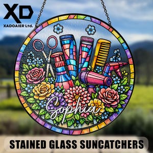 May include: A round stained glass suncatcher featuring salon tools, flowers, and the name "Sophia". The design includes scissors, hair products, a comb, and a hair dryer, all set against a floral backdrop. The text "STAINED GLASS SUNCATCHERS" is at the bottom.