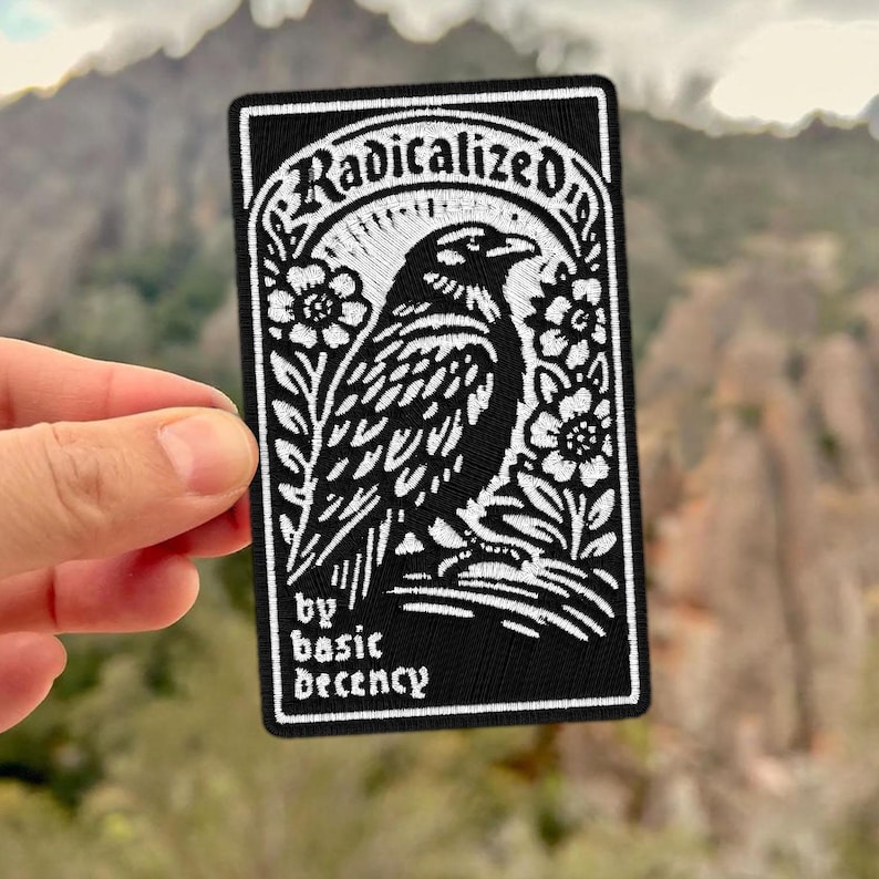 May include: Black and white embroidered patch featuring a raven illustration, surrounded by floral elements. The text "Radicalized" arches across the top, with "by basic decency" below. The patch is rectangular with a white border.