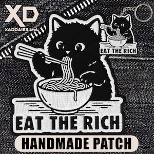 Eat The Rich Cute Cat Patch Funny Meme Humor Protest Activist Embroidered Patch Iron On Keychains Hook & Loop For Jacket Hat Jeans Backpack