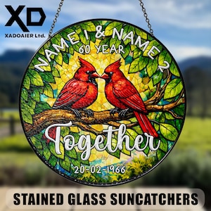 Custom Cardinal Family Tree Names Stained Glass Suncatcher Personalized 30th 50th Golden Wedding Anniversary Gift Window Hanging Decor