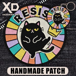 Resist Black Cat Patch Funny Meme Political Activist Human Rights Humor Embroidered Patch Iron On Keychains Hook & Loop For Jacket Hat Jeans