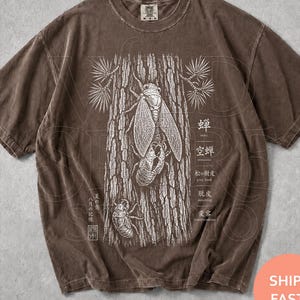 May include: A brown short-sleeve t-shirt featuring a white graphic print of cicadas on tree bark. The design includes Japanese characters and English text: 蝉 cicada, 空蝉 utsu-semi, 松の樹皮 pine bark, 脱皮 moulting, 変容 transformation, and 八月の記憶.