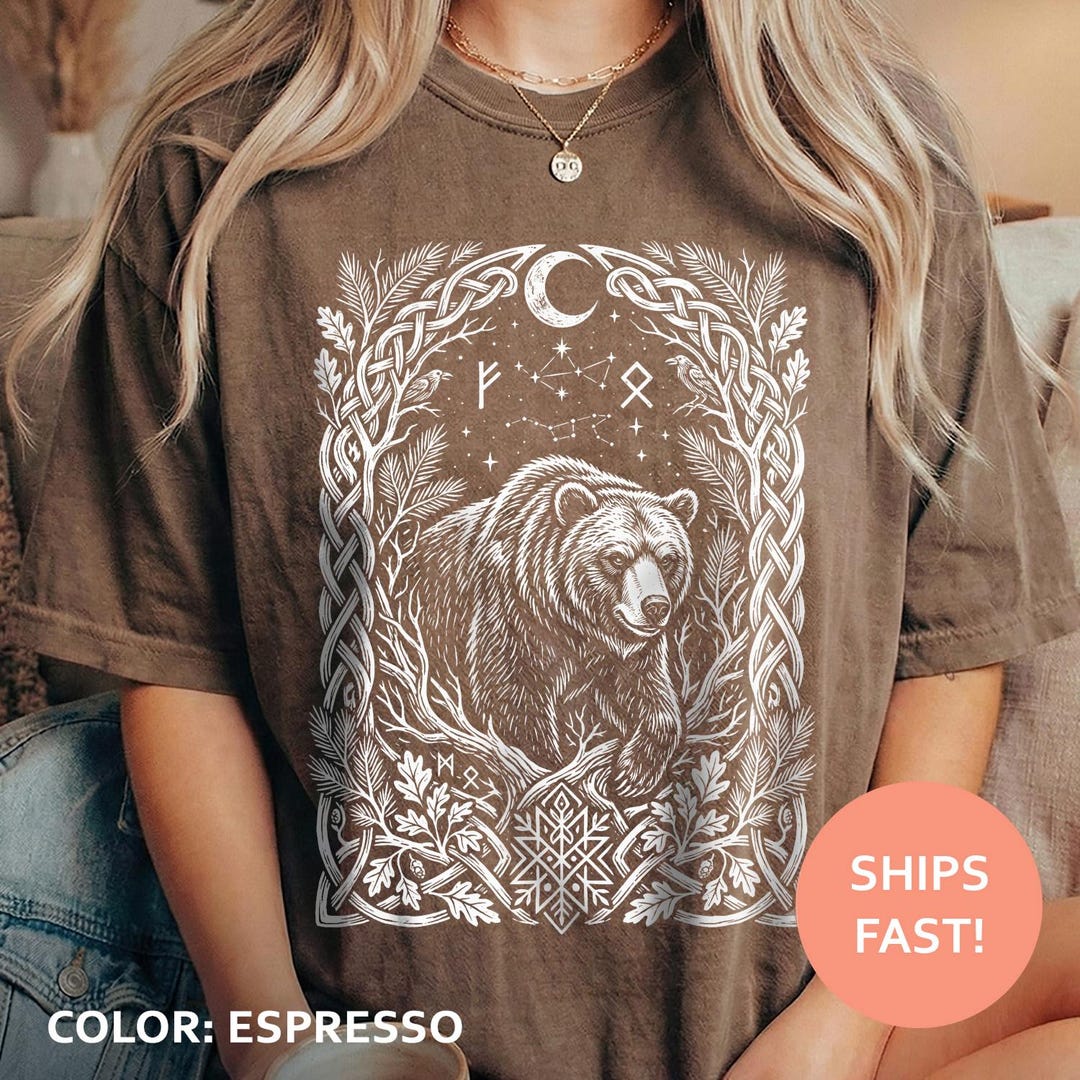 Mystic Bear Rune Shirt, Norse Forest Spirit Tee, Viking Bear Celestial ...