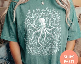 Octopus Shirt, Coral Garden TShirt, Reef Dweller Tee, Underwater Botanical T-Shirt, Etched Ocean Top