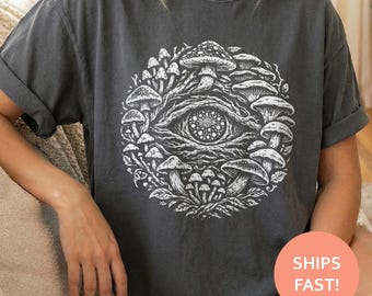 Camiseta con estampado de setas y ojos de bosque, camiseta con estampado de setas, camiseta psicodélica de la naturaleza, camiseta mística, camiseta de bruja