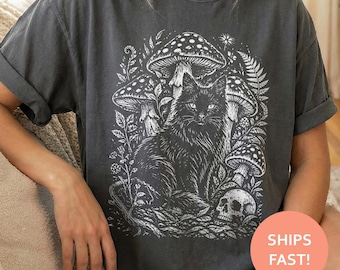 Black Cat Mushrooms Shirt, Witchy Cat TShirt, Gothic Mushroom Tee, Skull Forest T-Shirt, Dark Cottagecore Top