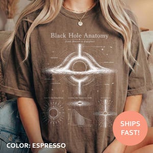 May include: An espresso-colored t-shirt featuring a white graphic print titled Black Hole Anatomy. The design includes a central black hole illustration with labels like Event Horizon to Ergosphere, accretion disk, and jet formation.