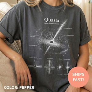 May include: A charcoal gray t-shirt featuring a white graphic print of a quasar with labels including Quasar, Active Galactic Nucleus, relativistic jet, broad line region, supermassive black hole, accretion disk, jet formation, and Quasar vs Normal Galaxy.