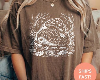 Hedgehog Mushroom Carrier Shirt, Hedgehog TShirt, Hedgehog Tee, Woodland Animal T-Shirt, Goblincore Forest Top