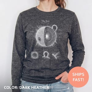 Puede incluir: Una camiseta de manga larga en gris jaspeado oscuro con un diagrama científico blanco del Sol. El gráfico incluye un corte transversal de la estructura solar con etiquetas, junto a ilustraciones de fenómenos solares y el texto The Sun.