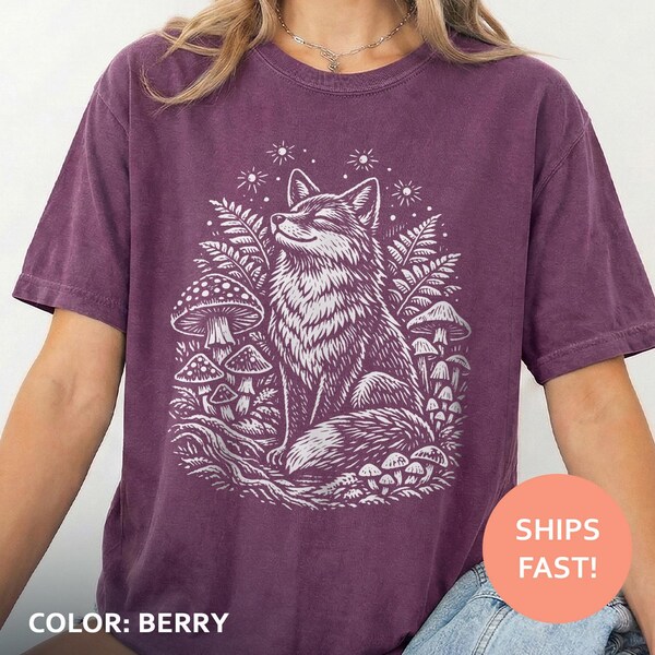 Camiseta de zorro y setas del bosque, camiseta de zorro y setas, camiseta de zorro del bosque, camiseta de animales estilo cottagecore, camiseta mágica de la naturaleza