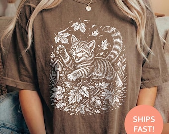 Playful Kitten Shirt, Cute Cat TShirt, Autumn Leaves Tee, Cozy Cat T-Shirt, Fall Animal Top