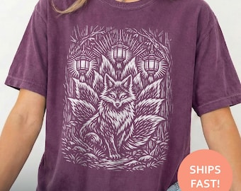 Camiseta de zorro de nueve colas Kitsune, camiseta de zorro japonés, camiseta de zorro linterna, camiseta de zorro mítico, camiseta de espíritu Yokai