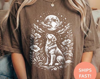 Camiseta Golden Retriever con Luna, Camiseta Perro Luna, Camiseta Celestial Perro, Camiseta Amante de las Mascotas, Top Cielo Nocturno