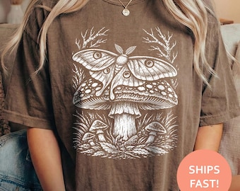 Luna Moth Mushroom Shirt, Amanita Moth TShirt, Forest Night Tee, Gothic Nature T-Shirt, Entomology Art Top
