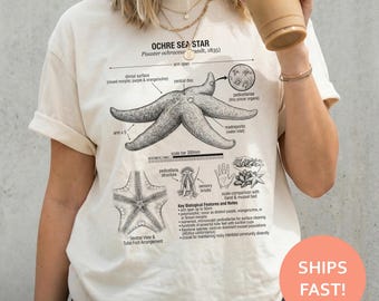 Camiseta de anatomía de estrella de mar color ocre, camiseta de estrella de mar, camiseta de biología marina, camiseta de estrella de mar, camiseta de estudio oceánico
