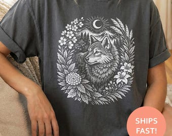 Camiseta japonesa con estampado botánico de lobo y luna, camiseta de naturaleza con lobo, camiseta de lobo del bosque, camiseta de vida silvestre lunar, camiseta botánica de animales