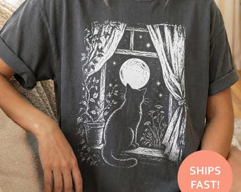 Cat Moon Window Shirt, Night Sky Cat TShirt, Celestial Cat Tee, Moon Window T-Shirt, Witchy Home Top