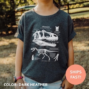 May include: A dark heather gray short-sleeve t-shirt featuring a white graphic print of an Allosaurus skull and skeleton with detailed anatomical labels and text. The design includes a large skull, a full skeleton, and a claw illustration.