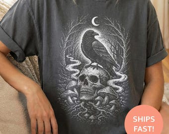 Gothic Crow Skull Shirt, Raven Skull TShirt, Dark Forest Tee, Occult Mushroom T-Shirt, Gothic Nature Top