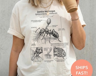 Camiseta de hormiga zombi con hongos, camiseta de cordyceps, camiseta de terror científico, camiseta de biología, camiseta de naturaleza