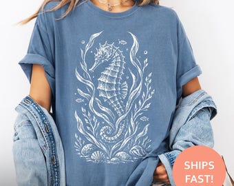 Seahorse Shirt, Coastal Botanical TShirt, Ocean Nursery Tee, Marine Creature T-Shirt, Etched Shoreline Top