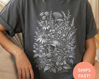 Wildflower Skull Shirt, Botanical Vanitas TShirt, Summer Memento Mori Tee, Floral Skull T-Shirt, Etched Gothic Top