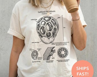 Latticed Stinkhorn Shirt, Mushroom Anatomy TShirt, Fungi Illustration Tee, Mycology T-Shirt, Clathrus Ruber Top, Botanical Plate Science Art