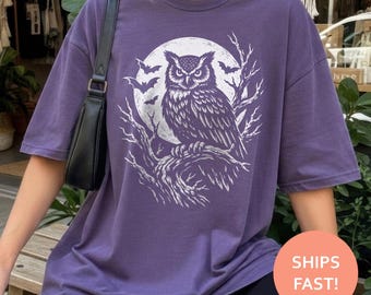 Camiseta de búho y luna nocturna, camiseta con silueta de búho, camiseta gótica de búho, camiseta de bosque iluminado por la luna, camiseta de naturaleza nocturna