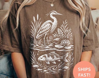 Heron Koi Pond Shirt, Koi Fish TShirt, Japanese Pond Tee, Heron Bird T-Shirt, Koi Pond Top