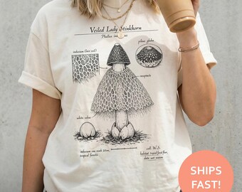 Stinkhorn Mushroom Shirt, Mushroom Anatomy TShirt, Fungi Illustration Tee, Mycology T-Shirt, Phallus Indusiatus Vintage Plate Top