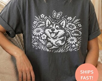 Corgi Wildflower Shirt, Corgi TShirt, Cute Dog Tee, Floral Meadow T-Shirt, Puppy Lover Top
