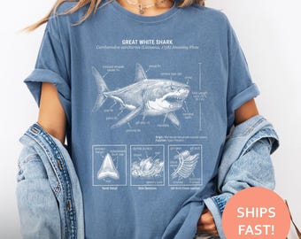 Camiseta de anatomía del gran tiburón blanco, camiseta de anatomía de tiburón, camiseta de biología marina, camiseta de depredador oceánico, camiseta de ilustración científica