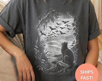 Black Cat Bats Shirt, Cat Night Sky TShirt, Gothic Cat Tee, Moonlit Bat T-Shirt, Dark Academia Top