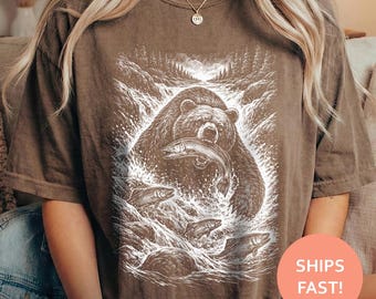 Camiseta de oso y salmón del río, camiseta de oso, camiseta de caza de vida silvestre, camiseta de depredador de la naturaleza, camiseta de animal del bosque