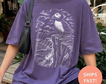 Puffin Shirt, Seabird Coast TShirt, Atlantic Cliff Tee, Stormy Wildlife T-Shirt, Etched Coastal Top