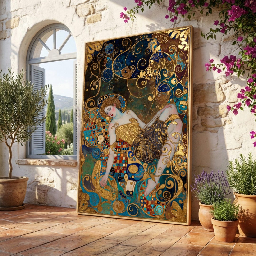 Gustav Klimt Sleeping Woman Canvas Wall Art, Gold Leaf Abstract Floral ...