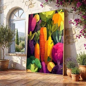 Quadro decorativo em tela com vibrantes raízes e vegetais, ilustração colorida de cenouras e brócolis, tema de horta fresca, tela para decoração de cozinha, pronto para usar.