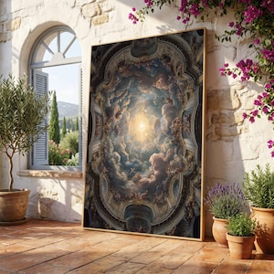 May include: A framed art print depicting a celestial scene with clouds, angels, and a bright light source. The artwork has a gold frame and is displayed on a brick patio. The background includes a window, plants, and a stone wall.