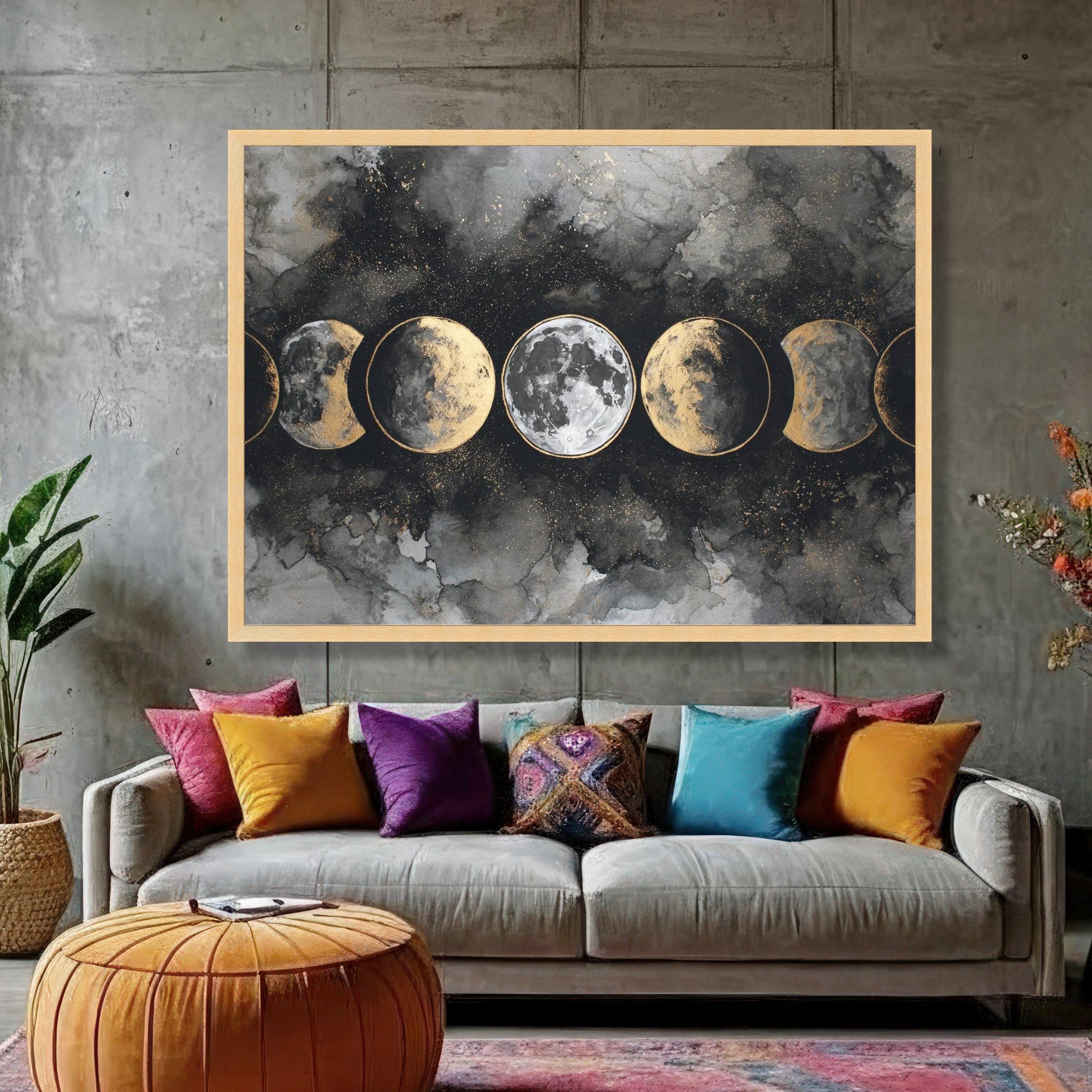 Celestial Moon Phases Canvas Wall Art, Gold and Black Lunar Cycle ...