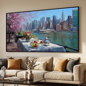 Frühling Flussufer Teeparty, Stadt Skyline Leinwand, Kirschblüten Baum Kunst, Urban Blumen Stillleben, moderne Wanddekoration, fertig zum Aufhängen