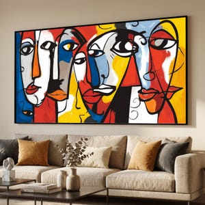 Abstrakte Gesichter Leinwand Wandkunst, bunte moderne Kubismus Malerei, zeitgenössische expressionistische Kunst, lebendige Wohnkultur, fertig zum Aufhängen
