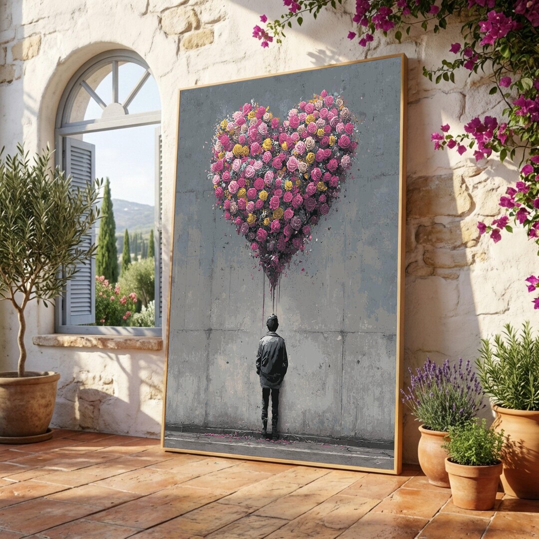 Romantic Heart Rose Bouquet Canvas, Urban Street Art Style, Love Wall ...
