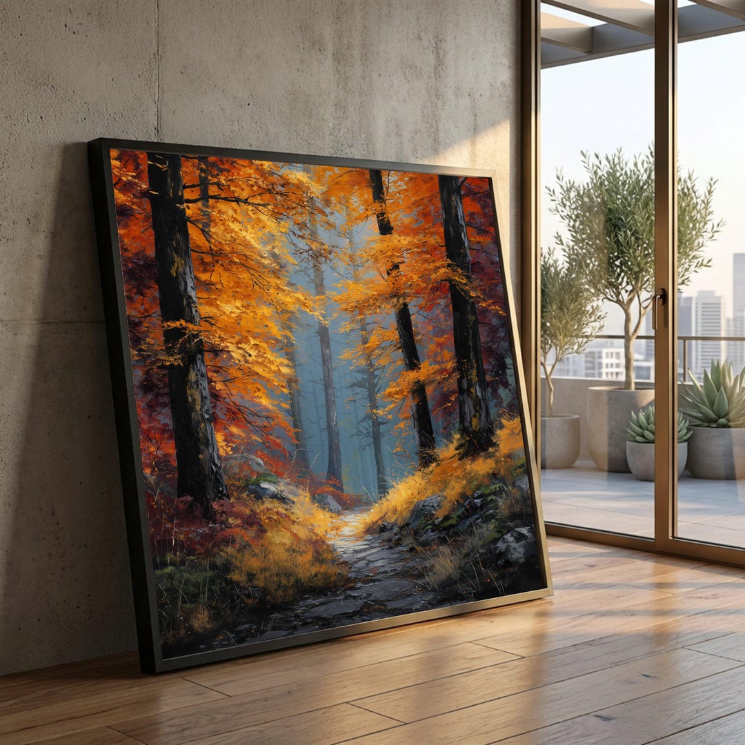 Autumn Forest Path Canvas Wall Art, Orange Fall Trees Landscape, Nature ...
