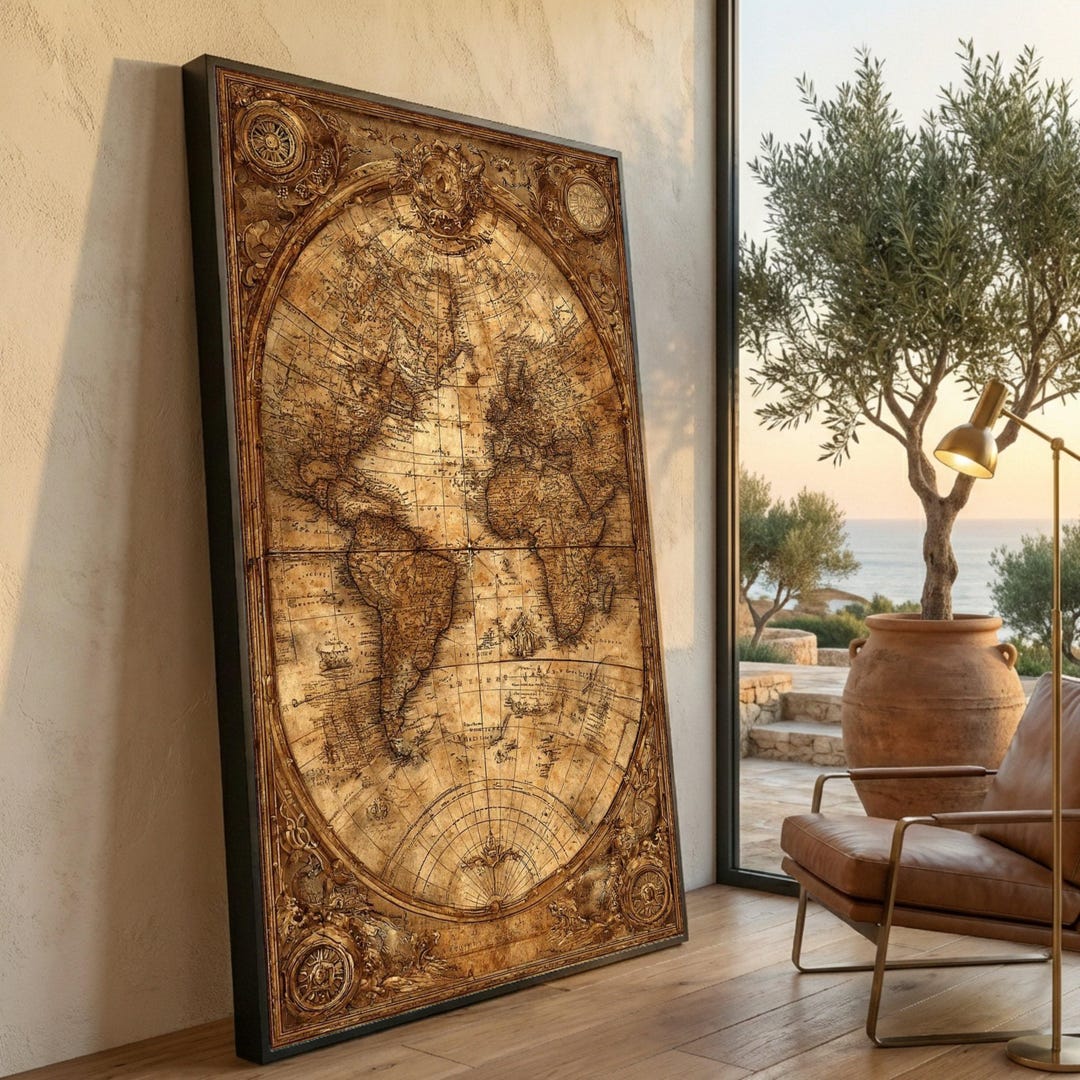 Vintage World Map Canvas Wall Art, Antique Globe Design, Old World Map ...