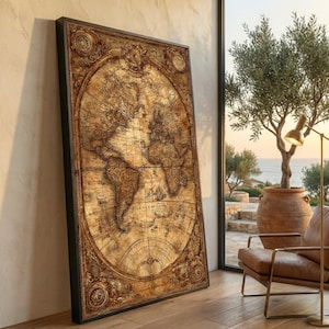 May include: A large, framed vintage world map in shades of brown and tan. The map is highly detailed with intricate designs and a decorative border. The frame is black, and the map is leaning against a wall near a window.