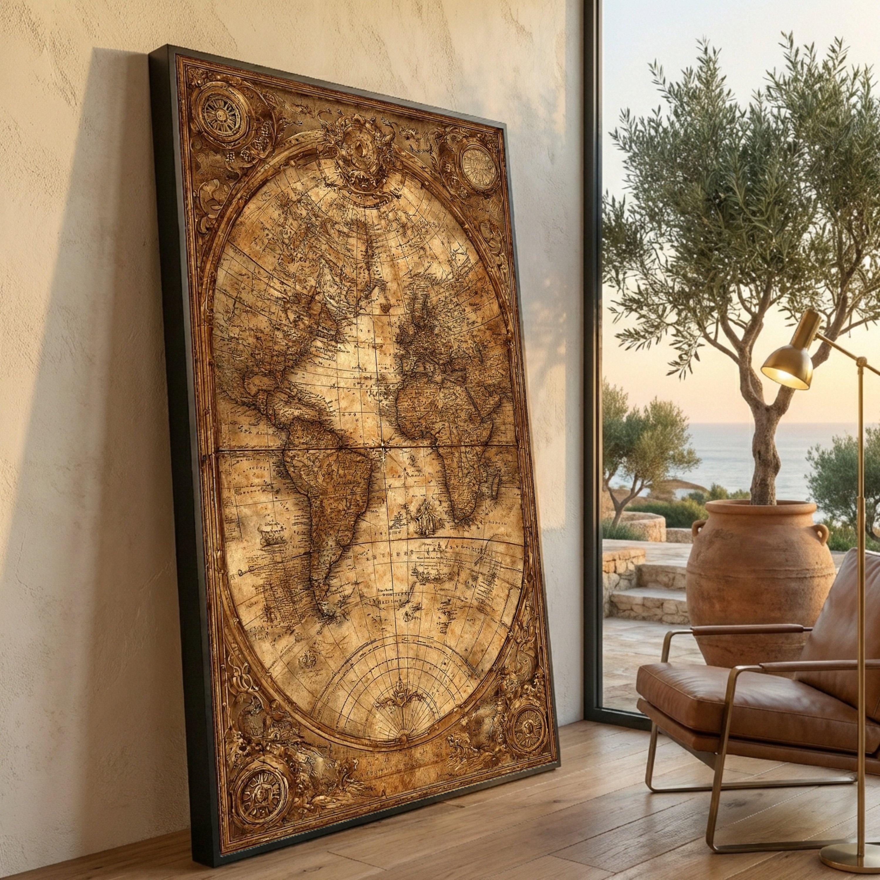 Vintage World Map Canvas Wall Art, Antique Globe Design, Old World Map