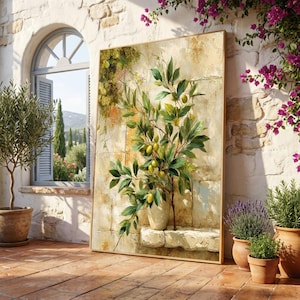 Olijftak stilleven canvas, rustieke mediterrane muurkunst, groene olijfboom schilderij, natuur canvas, woondecoratie botanische print