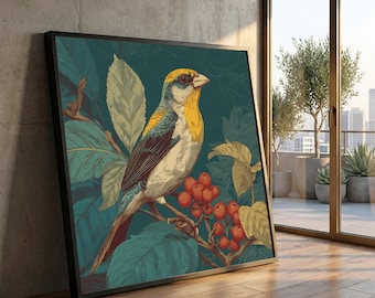 Vintage Yellow and Blue Bird Canvas Wall Art, Botanical Illustration with Red Berries, Nature Home Decoration, Ready to Hang Art