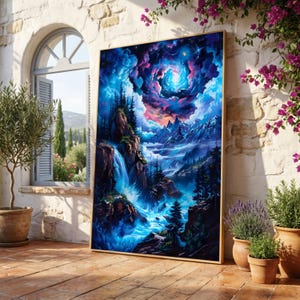Mystical Night Waterfall Canvas, Cosmic Sky Wall Art, Fantasy Landscape Canvas, Mountain and Forest Scene, Nature Decor, Ready to Hang